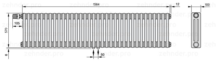 Схема (чертеж) Радиатор Zehnder Charleston 3057/34 №V007 Белый глянцевый RAL 9016